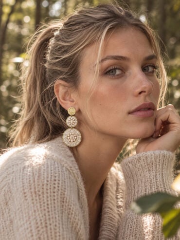 Bijoux fantaisie de créateurs 5 Boucles d'oreilles Santiago sable portées par une femme