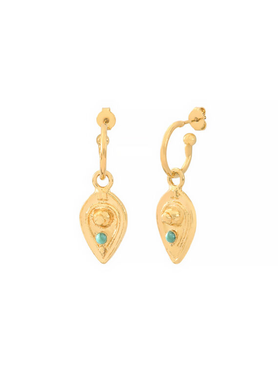 Boucles d'oreilles gouttes dorées et pierre bleu turquoise maha - présentation