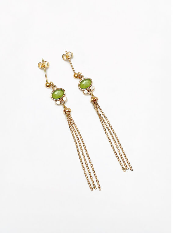 Boucles d'oreilles fines et longues marianna - pierre verte - dorées