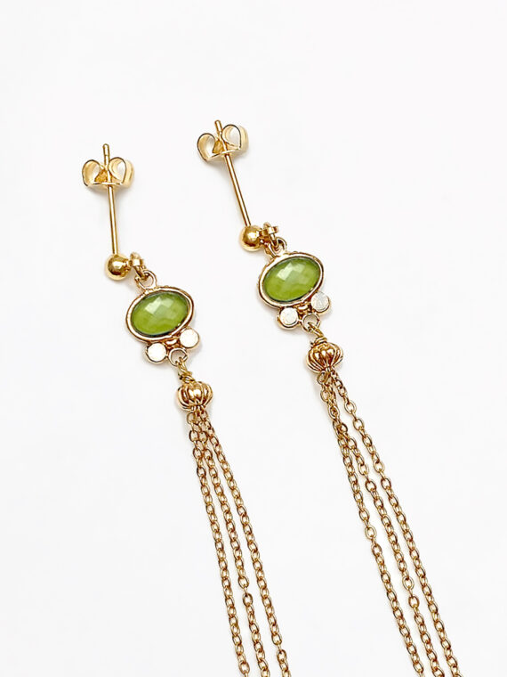 Boucles d'oreilles fines et longues marianna - pierre verte - dorées