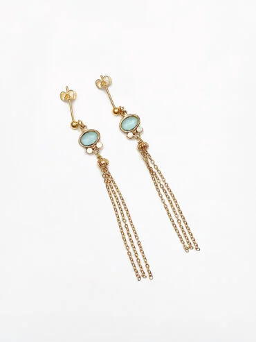 Boucles d'oreilles fines et longues marianna - pierre bleue - dorées