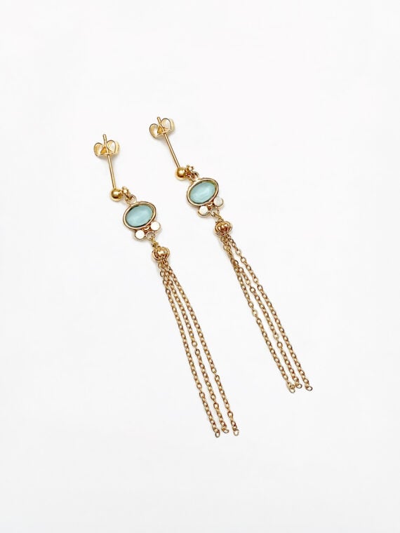 Boucles d'oreilles fines et longues marianna - pierre bleue - dorées