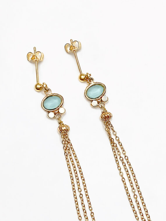Boucles d'oreilles fines et longues marianna - pierre bleue - dorées
