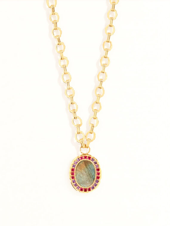 Collier long doré à l'or fin hera labradorite