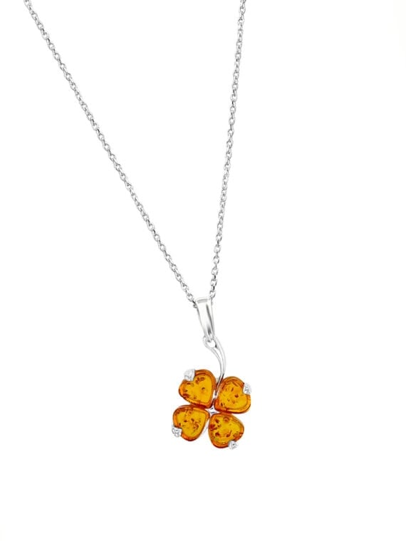 Collier trèfle d'ambre - trefle à 4 feuilles en ambre et argent