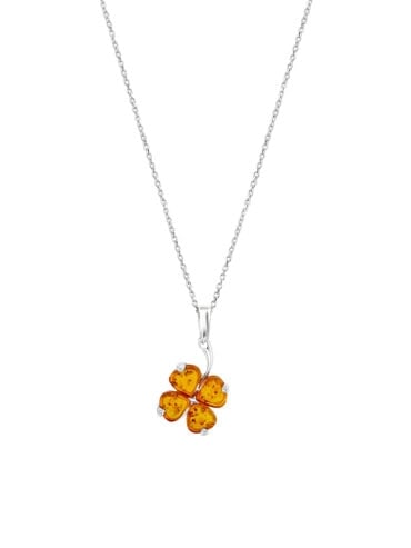 Collier trèfle d'ambre - trefle à 4 feuilles en ambre et argent