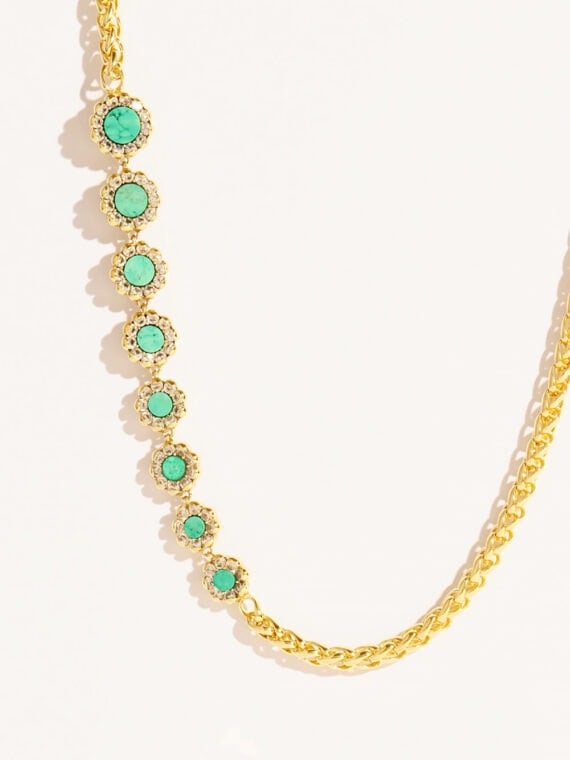 Collier rive d'or turquoise - zoom fleurs