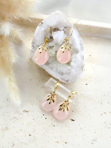 Boucles d'oreilles Gouttes flora Quartz rose