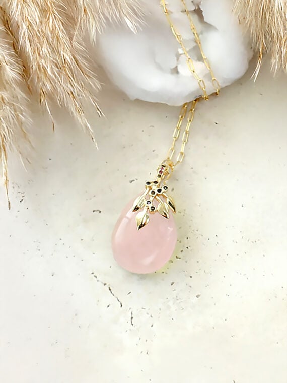 Collier goutte flora quartz rose - zoom