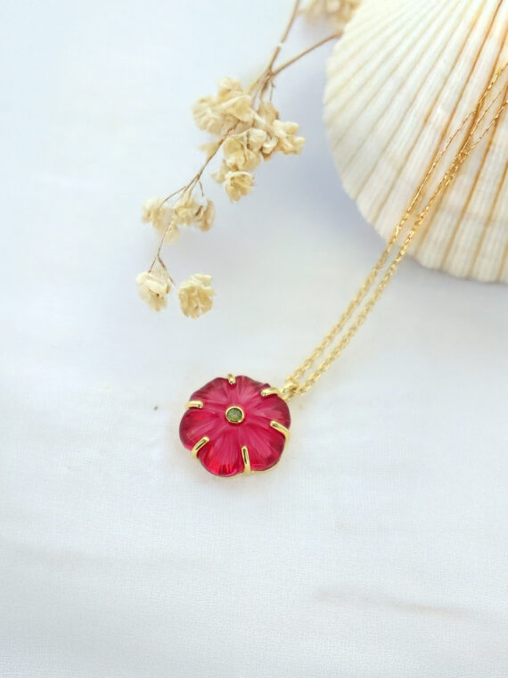 Collier fleur cristal tourmaline rose - zoom