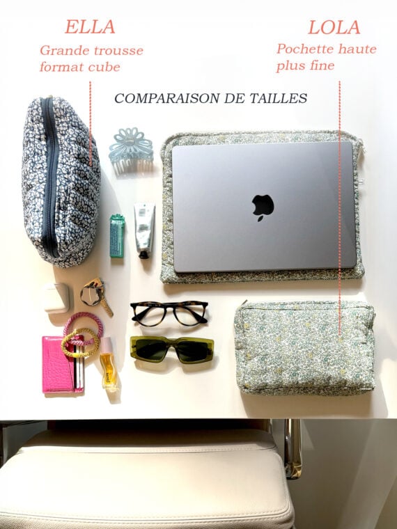Pochette LOLA et grande trousse ELLA - comparaison taille