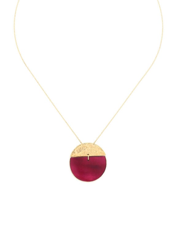 Collier disque soleil Marly de Franck Herval, en capiz bordeaux effet velours, laiton doré à l’or fin et cristal Swarovski.