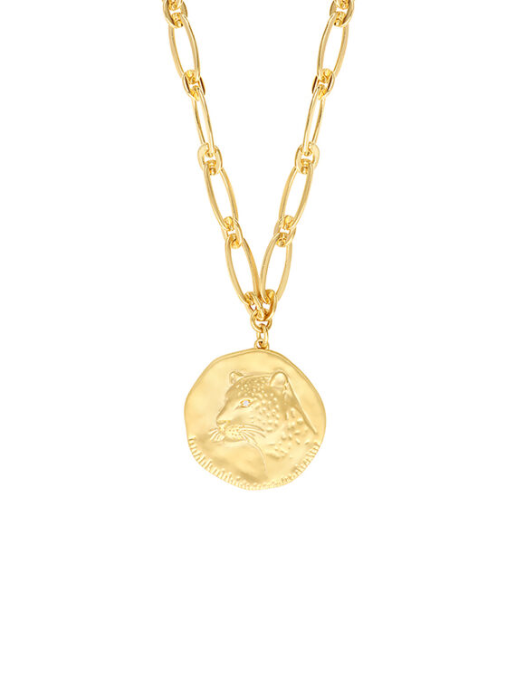 Collier médaille panthère. zoom sur la médaille. Bijou de créateur doré à l'or fin
