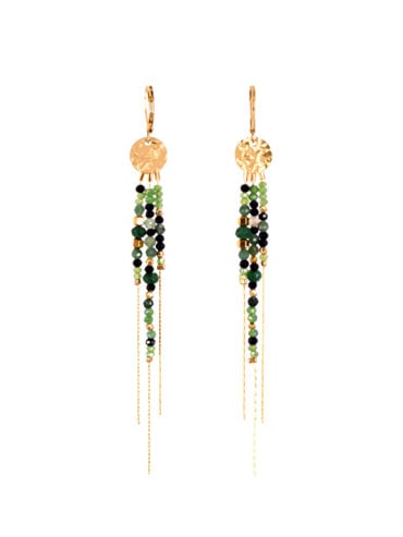Boucles d'oreilles pendantes élégantes vertes avec pampilles martelée dorée.