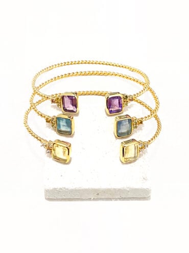 Jonc fin torsadé Pierre fine Angie - trio de bracelets : améthyste violette, apatite bleu ou citrine jaune