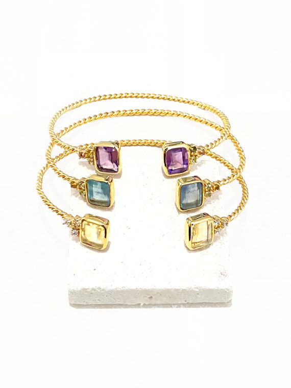 Jonc fin torsadé Pierre fine Angie - trio de bracelets : améthyste violette, apatite bleu ou citrine jaune