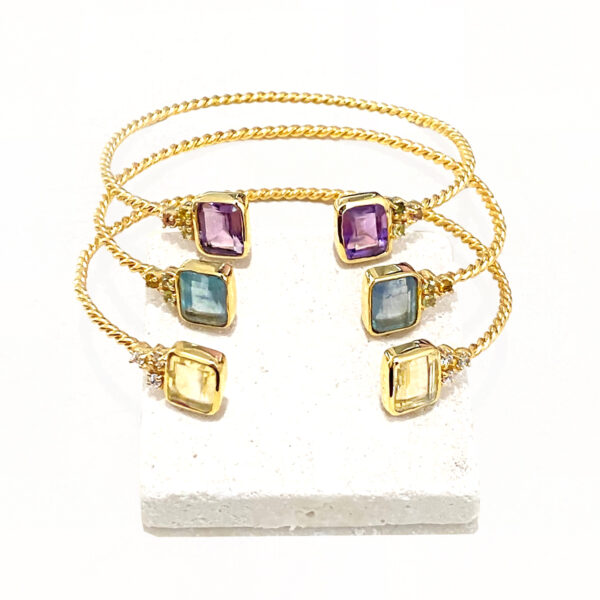 Jonc fin torsadé Pierre fine Angie - trio de bracelets : améthyste violette, apatite bleu ou citrine jaune