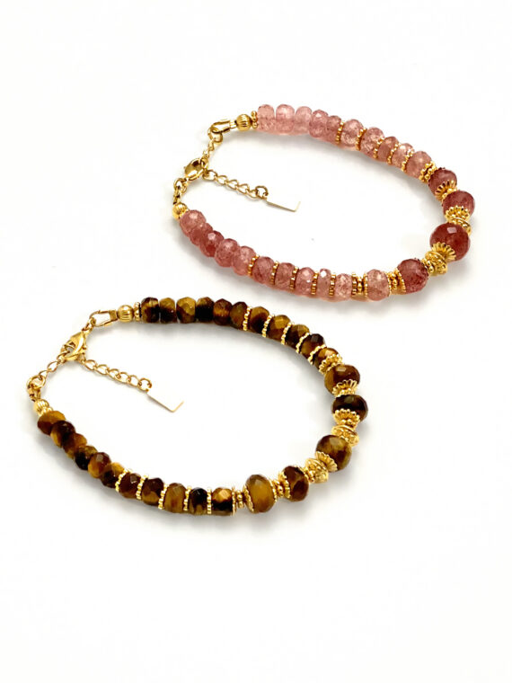 Bracelet en pierre naturelle alba oeil de tigre et strawberry quartz rose
