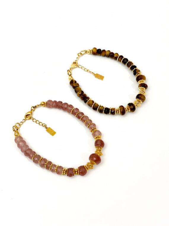 Bracelet en pierre naturelle alba oeil de tigre et strawberry quartz rose