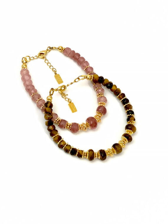 Bracelet en pierre naturelle alba oeil de tigre et strawberry quartz rose
