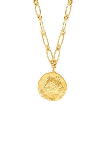 Collier médaille panthère. zoom sur la médaille. Bijou de créateur doré à l'or fin