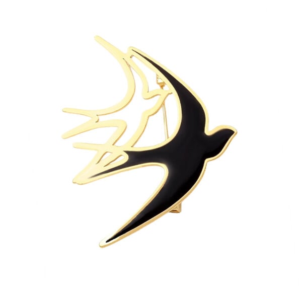 Broche couple d'hirondelles en acier doré et résine noire