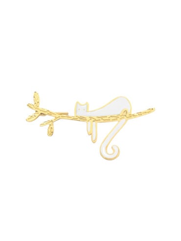 Petite broche chat blanc en acier doré et noir