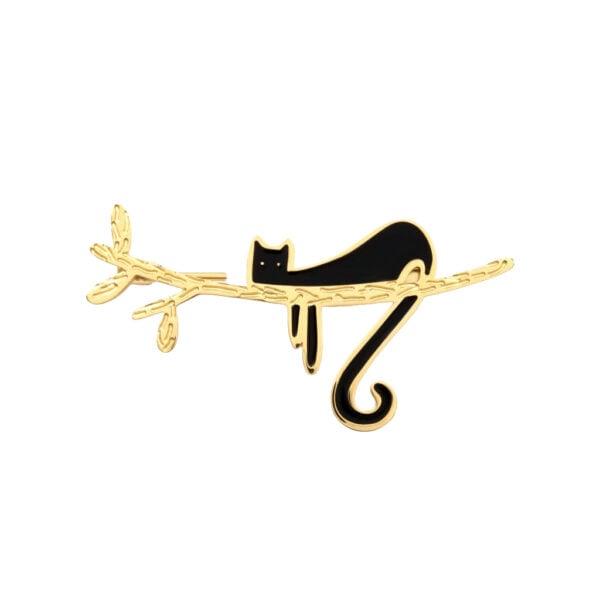 Petite broche chat noir réglisse en acier doré et noir