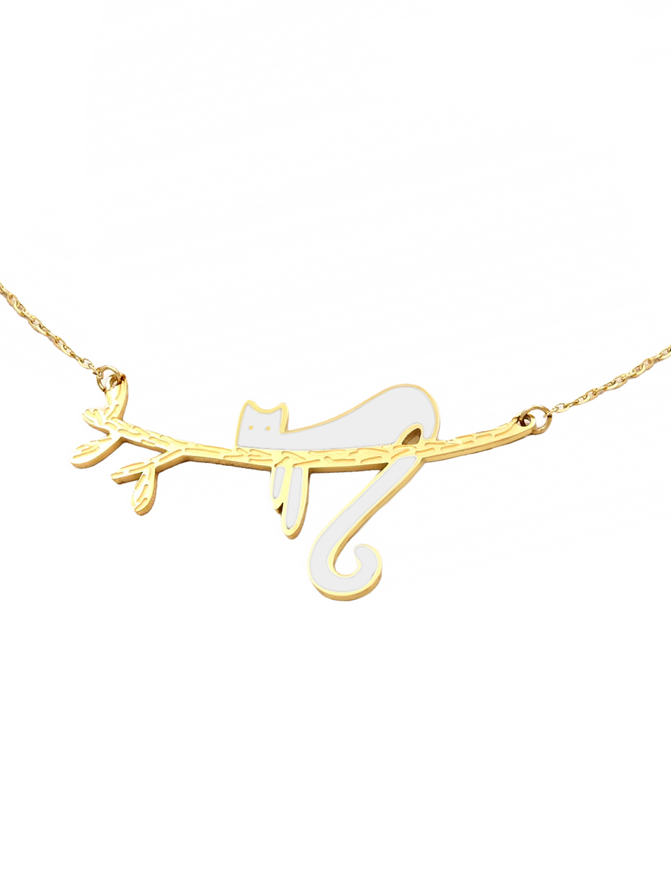 Collier Chat Blanc Nature 2 Collier doré chat blanc. Bijou en acier doré et résine noire. - zoom