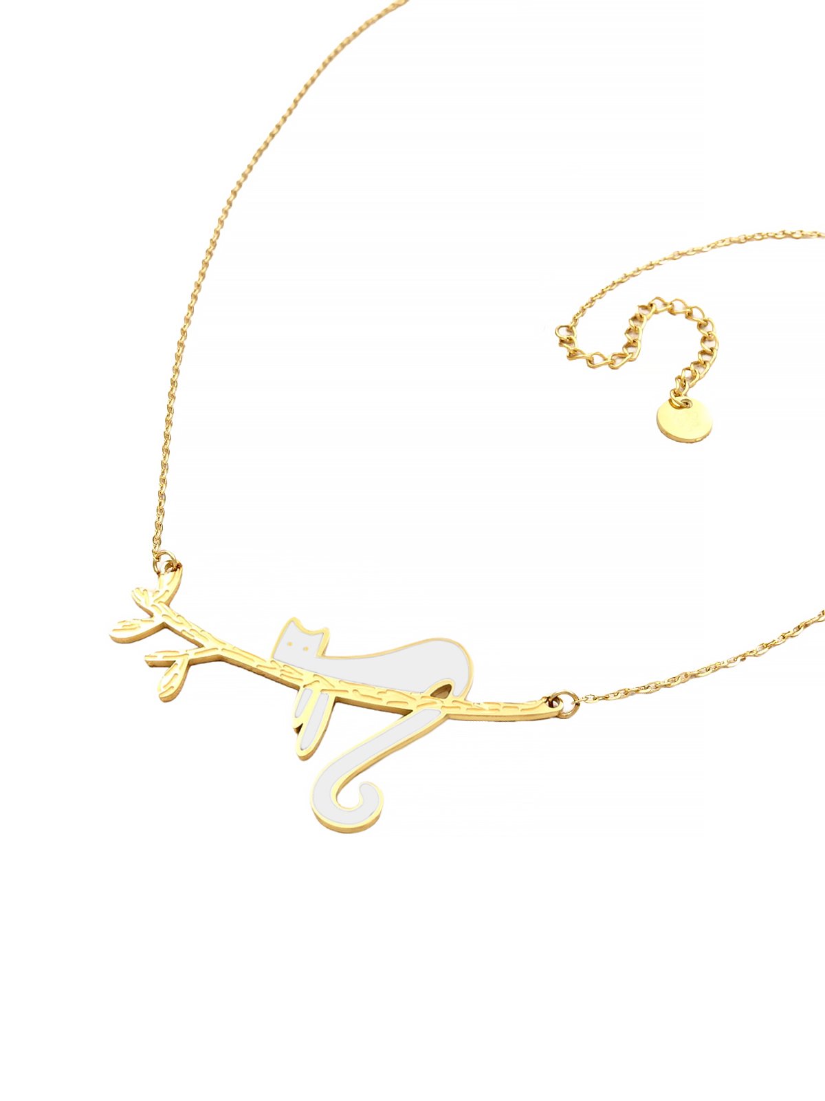 Collier Chat Blanc Nature 1 Collier doré chat blanc. Bijou en acier doré et résine noire.