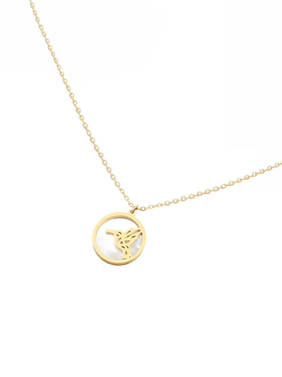 Collier Médaille oiseau colibri 2 Collier Médaille oiseau colibri : il s'agit d'un bijou fin acier doré et nacre. Motif oiseau.