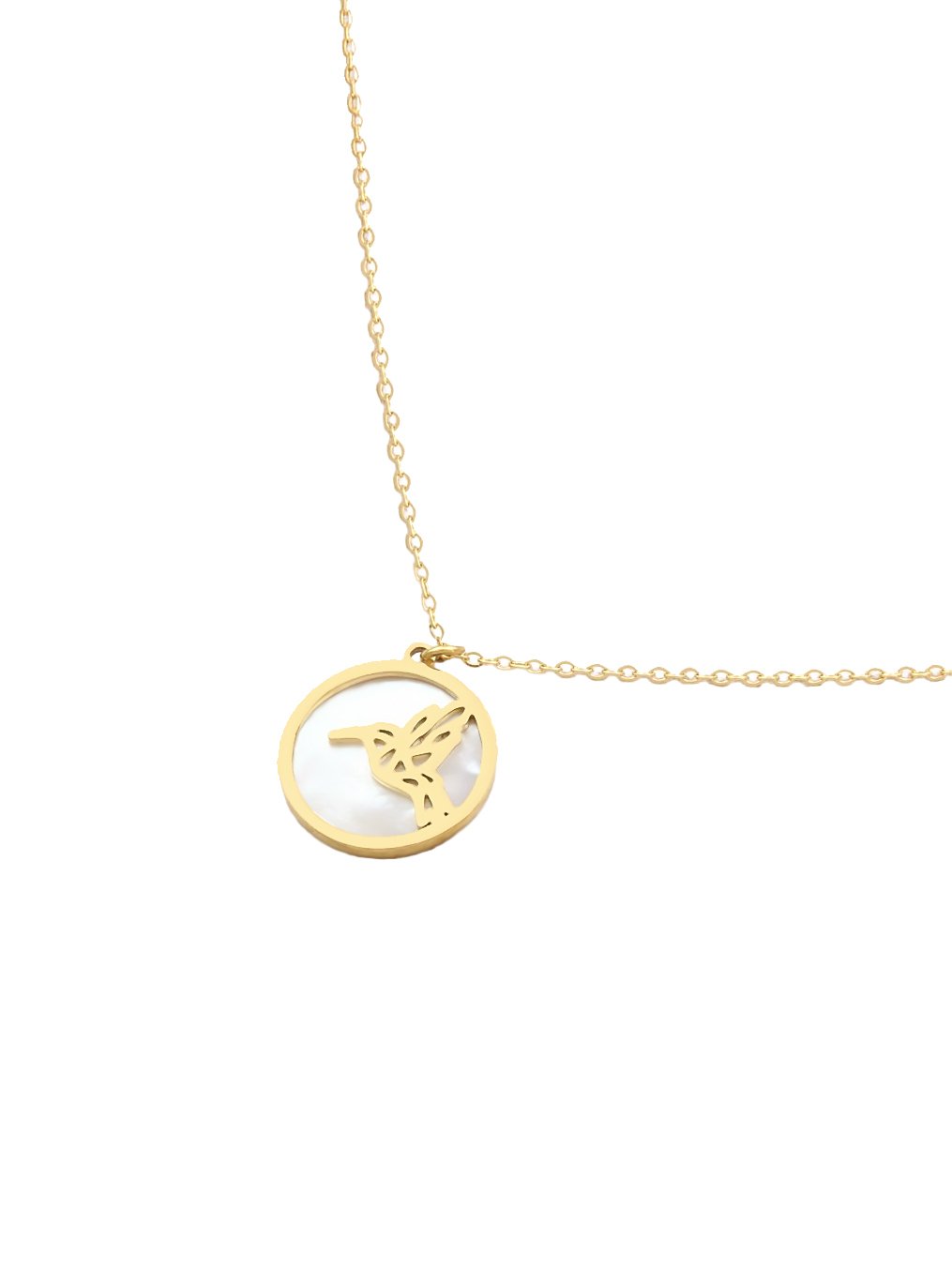 Collier Médaille oiseau colibri 3 Collier Médaille oiseau colibri : il s'agit d'un bijou fin acier doré et nacre. Motif oiseau.