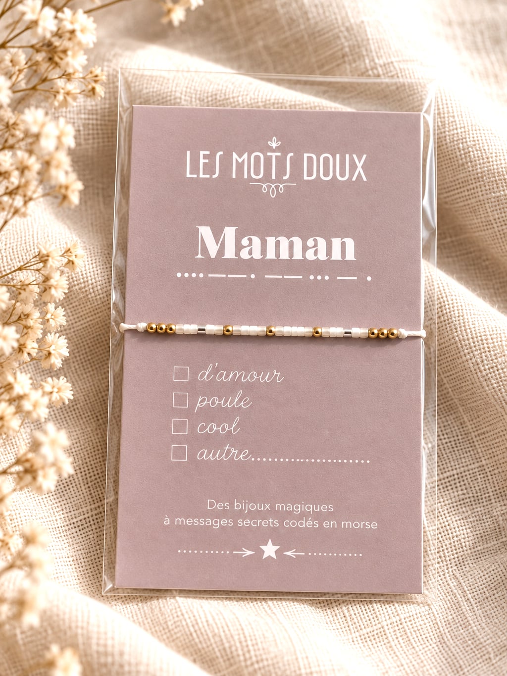 Bracelet Maman blanc 1 bracelet Maman blanc - bijou message secret en code morse - femme - présentation