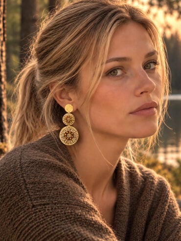 Boucles d'oreilles Santiago champagne santibe, portées par une femme - zoom