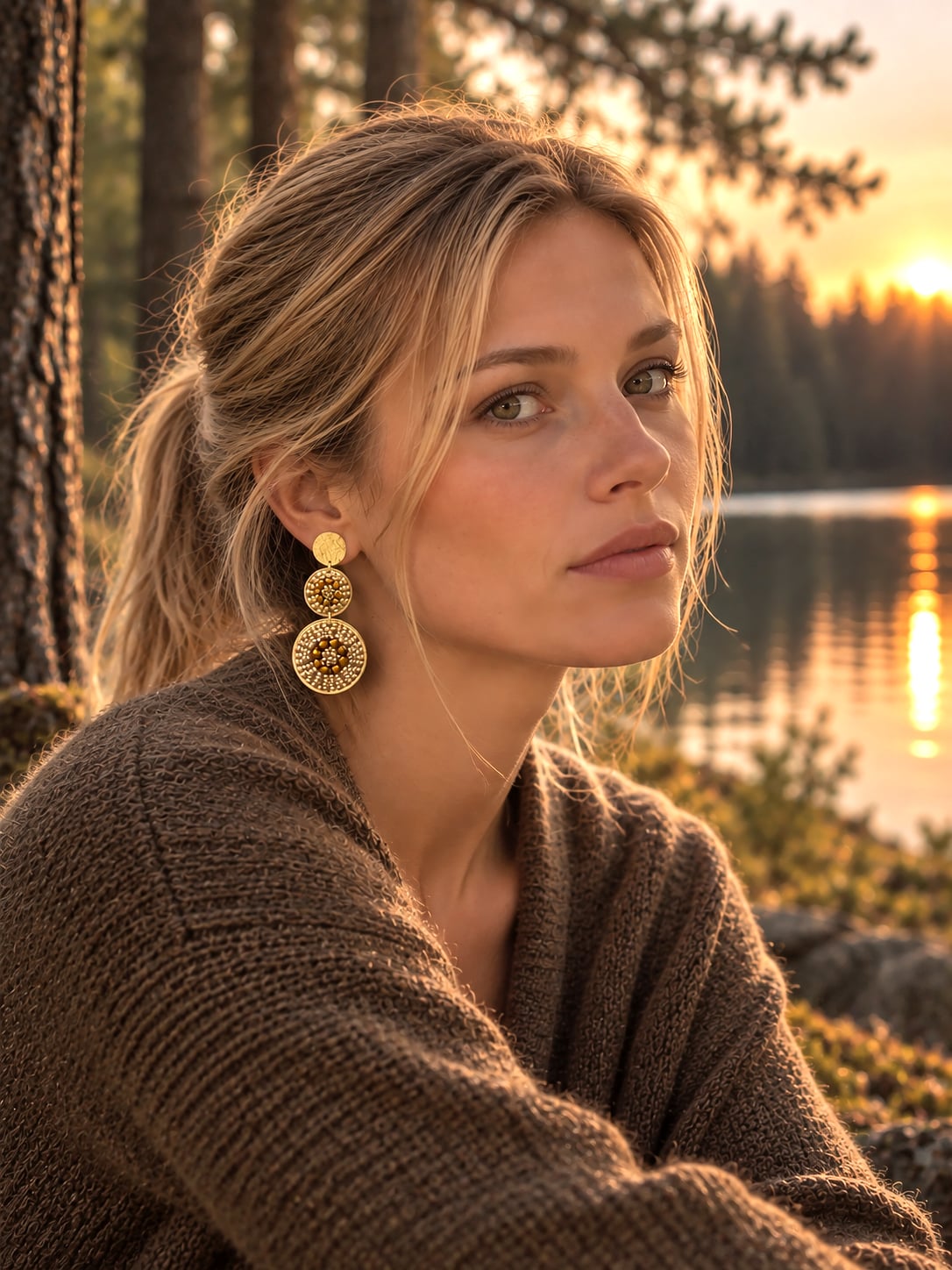 Boucles d'oreilles Santiago Champagne 3 Boucles d'oreilles Santiago champagne santibe, portées par une femme