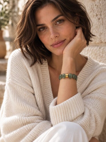 Bracelet Bombom kaki Jungle, porté par une femme. Bracelet boules extensible