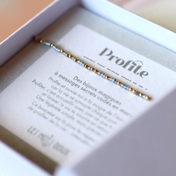 Bracelet PROFITE code morse, message secret. présentation dans son écrin.